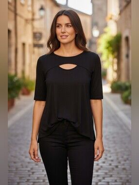 Chico's 1 Travelers Black Short-Sleeve Keyhole Front Top Sz 8/10 Medium WT157